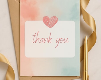 Szablon kartki z podziękowaniami do druku | Edytowalny w Canva | Akwarelowy wzór serca | Natychmiastowe pobranie