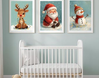 Zestaw 3 świątecznych wydruków ściennych do pokoju dziecięcego z reniferem i bałwanem