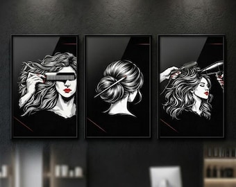 Zestaw 3 grafik ściennych „Salon fryzjerski”, czarno-białe nadruki, czerwony akcent, do pobrania w wersji drukowanej