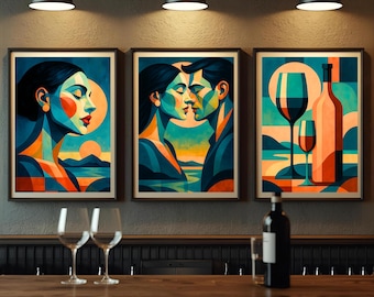 Geometric Nights 3 Printable Set Abstract Couple Woman & Wine Bar Wall Art