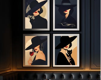 Vintage Noir Fashion Prints, Art Deco Scarlet Lips, Set of 4 (Digital Download)
