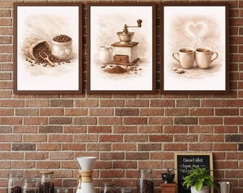 Neutral Coffee Prints Set of 3, Watercolor Coffee Bar Wall Art, Instant Download