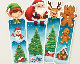 Zestaw 6 zakładek do druku z motywem świątecznym – Elf, Święty Mikołaj, Bałwan, Renifer, Pingwin, Piernik