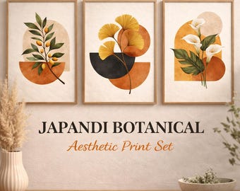 Zestaw 3 japońskich botanicznych nadruków, oliwkowy Ginkgo Calla Lily na ścianę