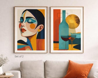 Zestaw 2 abstrakcyjnych drukowanych grafik ściennych, turkusowy, terakota, nowoczesny wystrój domu