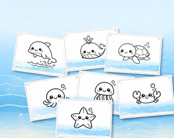Kawaii Ocean Coloring Pages, Sea Animals Printable, 10 Pages PDF + PNG