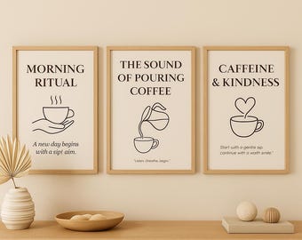Kofeina i życzliwość – Minimalistyczny cytat o kawie na ścianę | Plakat do druku | Przytulny skandynawski wystrój