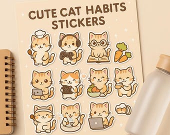 Arkusz naklejek „Kocie nawyki” – 12 naklejek z kotami w stylu kawaii (do pobrania w wersji cyfrowej)