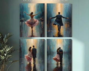 Rainlight Romantic Rain City – Impasto Wall Art Set of 4, Blue Gold
