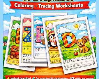 Arkusze do kolorowania i śledzenia alfabetu od A do Z | 26 stron | Przedszkole | Przedszkole | PDF i PNG