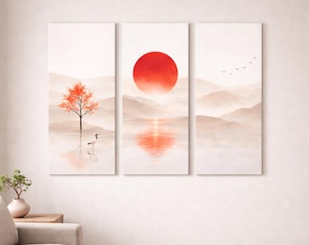Japanese Zen Triptych Wall Art, Japandi Landscape Wall Decor Set of 3, Digital Download