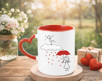 Heart Handle Mug – Valentine Love Illustration Ceramic Cup