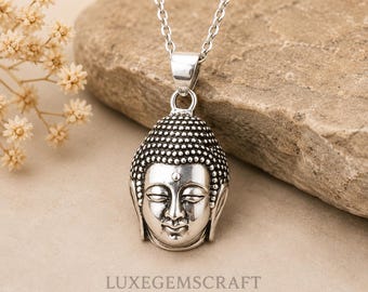 Sterling Silver Buddha Head Pendant, 925 Buddha Necklace, Meditation Zen Jewelry, Spiritual Buddhist Pendant, Gift for Her Him