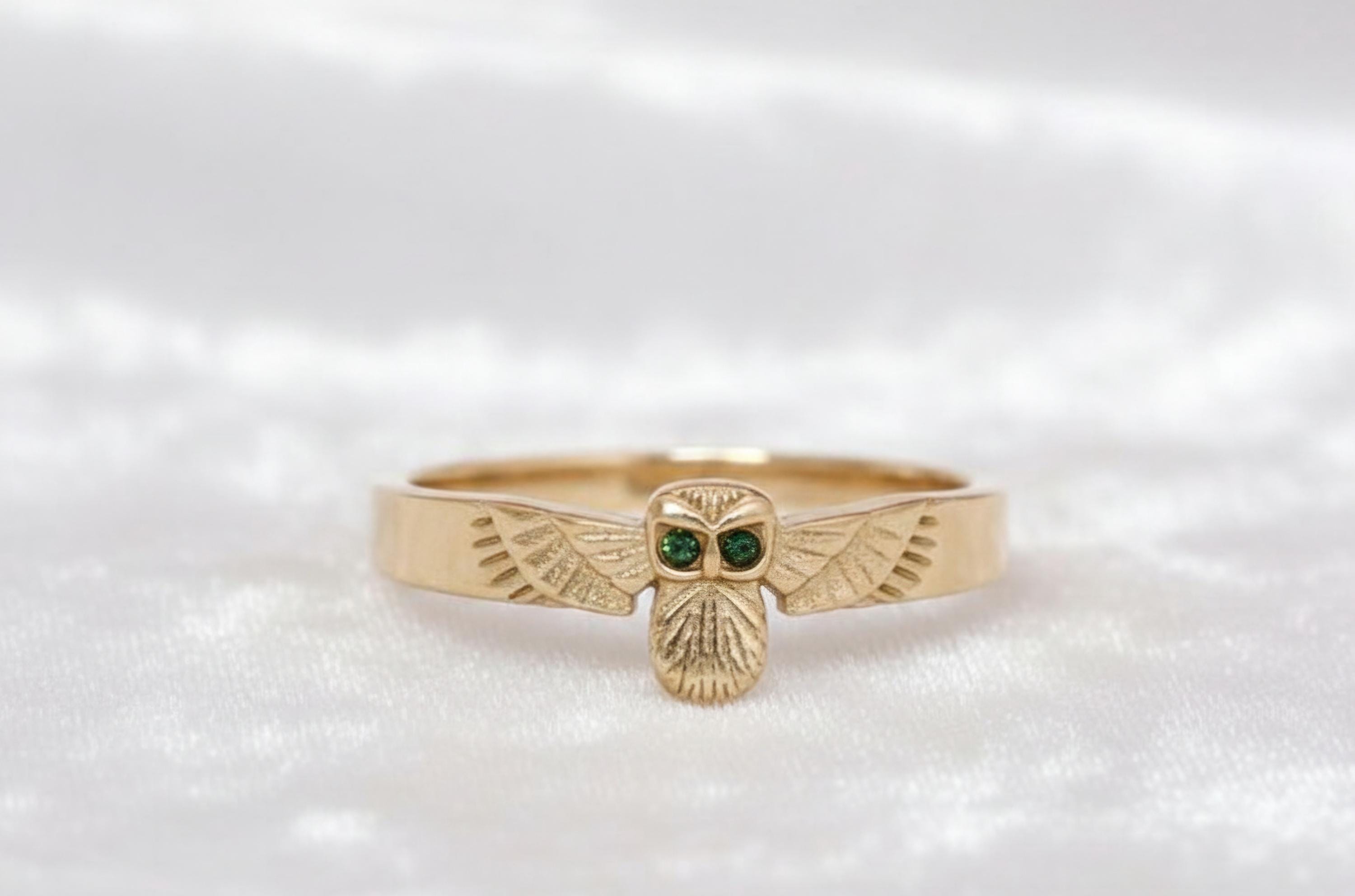 Brass Owl Ring with Wings | Dainty Gold Plated Bird Jewelry | Minimalist Animal Stacking Ring | Uniq