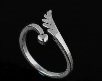 Sterling Silver Adjustable Angel Wing and Heart Wrap Ring