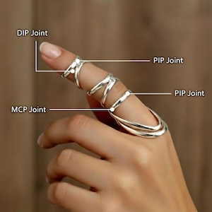 May include: A silver-colored finger ring with a unique design, wrapping around the finger. The ring is shown on a hand, with the joints labeled: DIP, PIP, and MCP. The ring's design features multiple bands and curves, creating a stylish accessory.