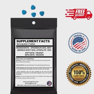 May include: A black supplement packet with blue tablets, the text "SUPPLEMENT FACTS", and a "Made in USA" seal. The packet lists ingredients, expiration, and manufacturing dates. A "Free Delivery" graphic is also present.
