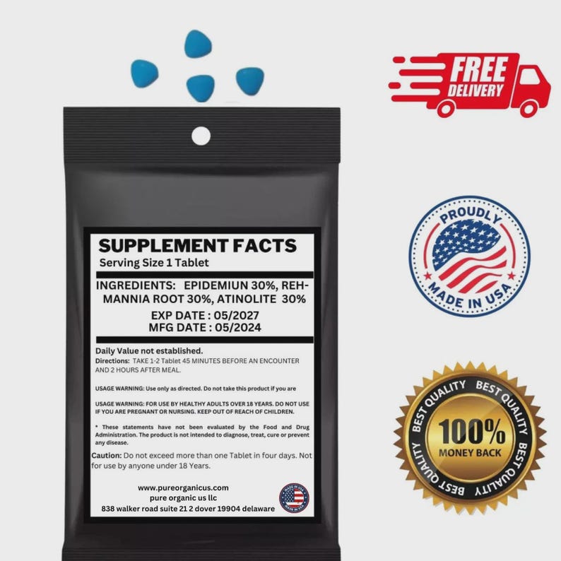 May include: A black supplement packet with blue tablets, the text "SUPPLEMENT FACTS", and a "Made in USA" seal. The packet lists ingredients, expiration, and manufacturing dates. A "Free Delivery" graphic is also present.