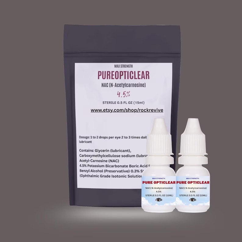 May include: A product shot of eye drops and a pouch. The eye drops are in white bottles with the text "PUREOPTICLEAR" and "NAC (N-Acetylcarnosine) 4.5% STERILE 0.5 FL OZ (15ml)". The pouch has the same text. The website www.etsy.com/shop/rockrevive is also visible.