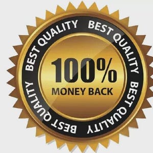 May include: A gold-colored seal with a starburst edge. The seal has the words "BEST QUALITY" in a black band around the edge. The center of the seal reads "100% MONEY BACK" in bold white text.