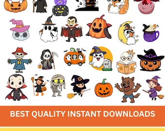 Pacchetto di clipart di Halloween carino e spettrale / Adesivi PNG di Halloween kawaii / Clip art di strega zucca fantasma carina / Download digitale SVG PDF