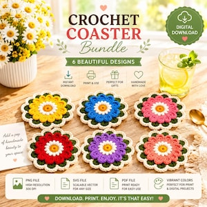 May include: A digital download bundle of six crochet flower coaster designs in yellow, blue, pink, red, purple, and coral. Each coaster features a white center and dark green scalloped border. The image includes text labels and icons.