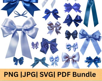 20 Blue Coquette Bow Clipart PNG SVG Bundle, Silky Ribbon Bows Digital Download, Girly Aesthetic Blue Bows for Sublimation, DTG, & Planners