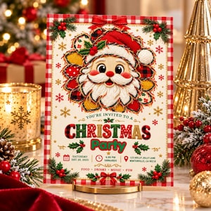 May include: A rectangular Christmas party invitation card featuring a central embroidered-style Santa Claus illustration, red and white gingham borders, and text reading: You're invited to a Christmas Party, Saturday Dec 20, 2025, 6:00 PM onwards, 123 Holly Jolly Lane, Winterville, CA 90210.