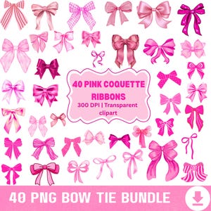 May include: A collection of 40 pink bow tie ribbons in various shades and styles. The image includes bows with stripes, polka dots, and solid colors. Text in the image reads "40 Pink Coquette Ribbons" and "40 PNG Bow Tie Bundle."