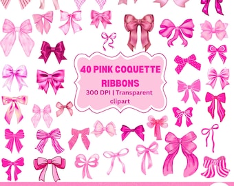 Coquette Bow SVG Bundle, 30 PINK Ribbon Clipart Designs | Digital Download png, pdf, jpg | Cute Trendy girl art | Scrapbooking Craft