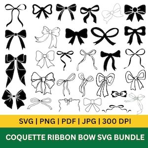 Coquette Rosett SVG Bundle, 30 svarta band Clipart Designs | Digital nedladdning png, pdf, jpg | Söt trendig tjejkonst | Scrapbooking Craft