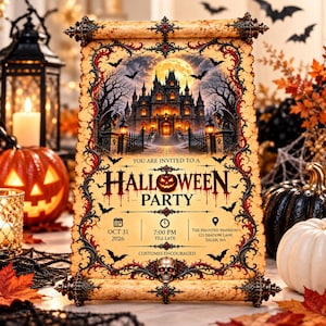 May include: A decorative scroll invitation for a Halloween party featuring a haunted mansion, a full moon, and bats. The text reads: You are invited to a Halloween party, Oct 31 2026, 7:00 PM till late, The Haunted Mansion, 123 Shadow Lane, Salem, MA.