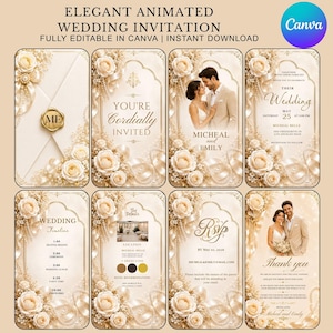 May include: A digital wedding invitation template set featuring cream-colored roses, pearls, and gold accents. The design includes sections for event details, a timeline, RSVP information, and photo placeholders with elegant serif typography.