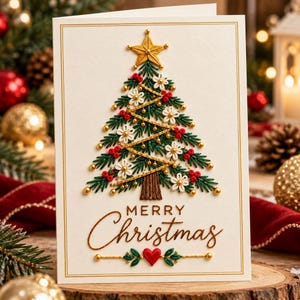 Christmas Paper Embroidery Card Pattern, DIY Thread Card Template, Pierced Card PDF, Christmas Tree Stitching, Beginner Craft