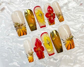 Tropical Flower Press On Nails • Red Yellow Ombre, 3D Floral