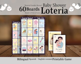 Bilingual Baby Shower Loteria Set - Neutral 60 Boards for Fun Games