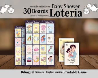 Neutral Baby Shower Loteria Set - Tvåspråkiga 30 spelplaner för roliga spel