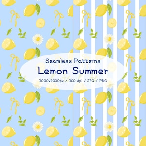 May include: Two seamless patterns featuring yellow lemons, bows, daisies, and green leaves on a light blue background. One pattern has a solid background, and the other has white vertical stripes. The text "Lemon Summer" is displayed.
