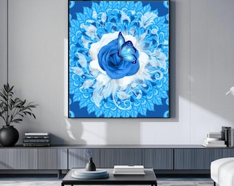 Blue Rose Butterfly Art Print, Elegant Floral Decor (Digital Download)