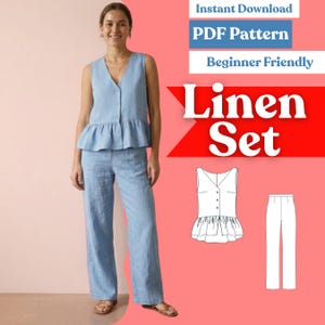 Puede incluir: Un conjunto de lino azul claro que consta de un top sin mangas con botones y volante, y pantalones anchos a juego. La imagen incluye el texto Instant Download, PDF Pattern, Beginner Friendly, Linen Set y una ilustración de líneas.