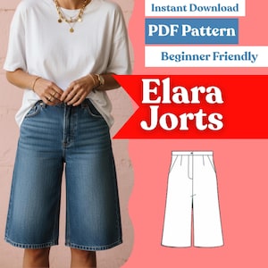 Könnte beinhalten: Ein digitales PDF-Schnittmuster für Elara Jorts mit einem weißen T-Shirt und blauen Jeansshorts. Die Grafik enthält den Text Instant Download, PDF Pattern, Beginner Friendly, Elara Jorts sowie eine schwarz-weiße Strichzeichnung.