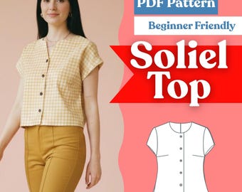 Cropped Button-Up Blouse Sewing Pattern (PDF) | Round-Neck Short-Sleeve Loose/Boxy Shirt | Women’s Top Pattern