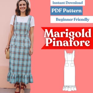 Może przedstawiać: Jasnoniebieska sukienka typu pinafore w kratę z kwadratowym dekoltem, dwiema przednimi kieszeniami i falbanką u dołu. Obraz zawiera tekst Instant Download, PDF Pattern, Beginner Friendly, Marigold Pinafore oraz rysunek techniczny.