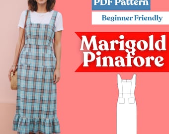 Square Neck Pinafore Dress Sewing Pattern (PDF) – Straight Midi with Ruffle Hem & Patch Pockets · Instant Download (XXS–5XL, A4/Letter + A0)