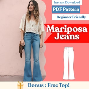 May include: A woman wearing a cream-colored lace top and light blue flared jeans. The image includes text that reads "Mariposa Jeans", "PDF Pattern", and "Beginner Friendly". A bonus free top is also offered.