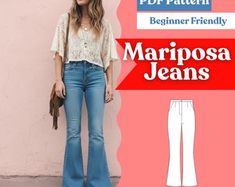 Flared Jeans Sewing Pattern (PDF) – Women’s High-Waist, Bell-Bottom Flared Leg, Fly Front · Instant Download (XXS–5XL, A4/US Letter + A0)