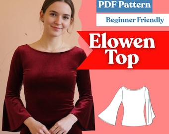 May include: A burgundy velvet long-sleeve top with flared sleeves and a wide neckline. The image includes text reading Instant Download, PDF Pattern, Beginner Friendly, and Elowen Top, alongside a white line drawing of the top's silhouette.