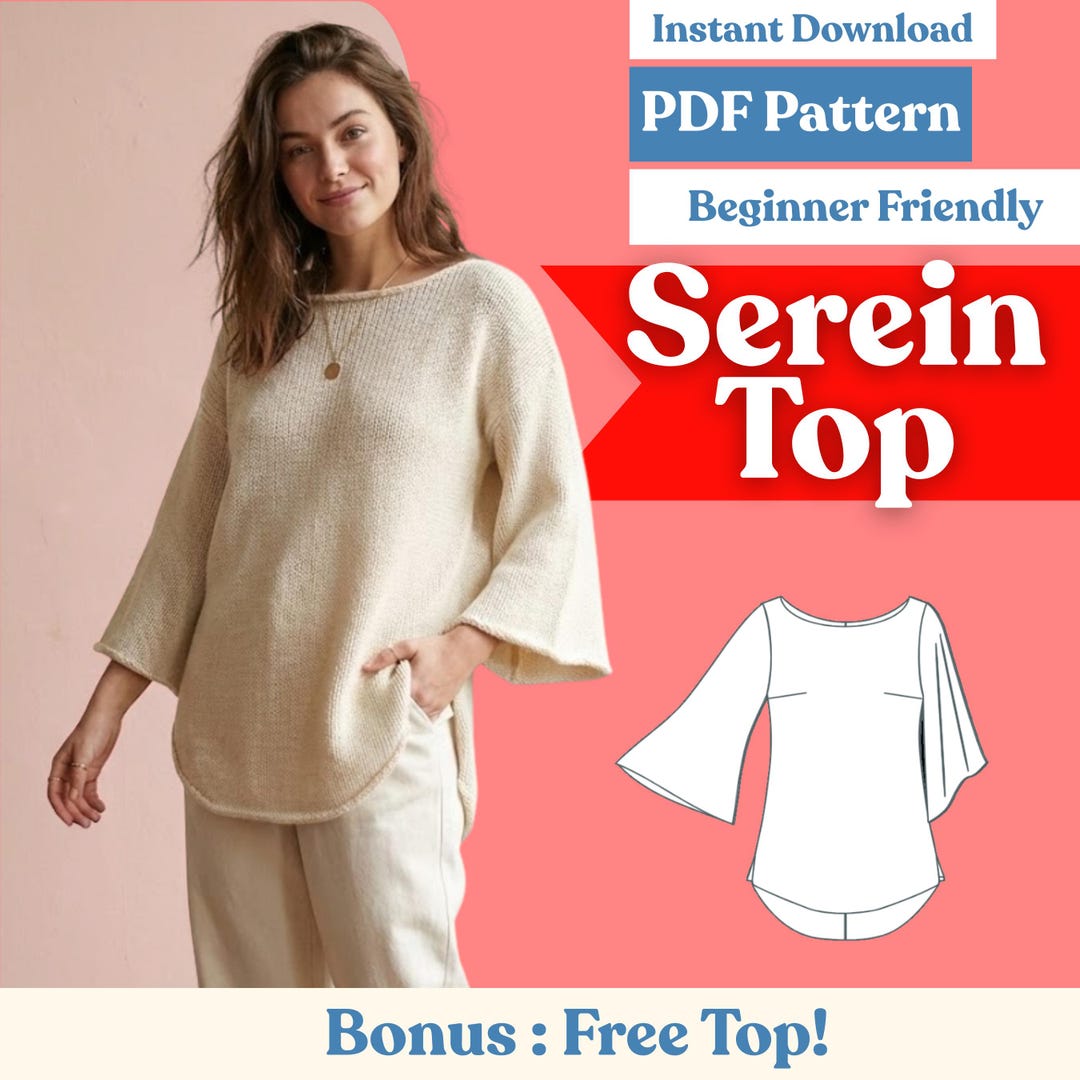 Boat Neck Bell Sleeve Knit Top Sewing Pattern (PDF) | Women’s Side-slit ...