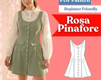 Pinafore / Jumper Dress Sewing Pattern: Scoop Neck Button-Front Fit & Flare Dress (PDF Instant Download, XXS–5XL)