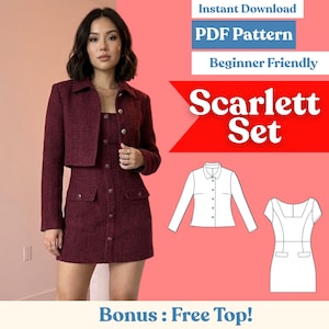 May include: A burgundy tweed skirt suit with a matching cropped jacket and a button-down dress. The image includes the text "Scarlett Set", "Instant Download PDF Pattern", and "Beginner Friendly". Bonus: Free Top!